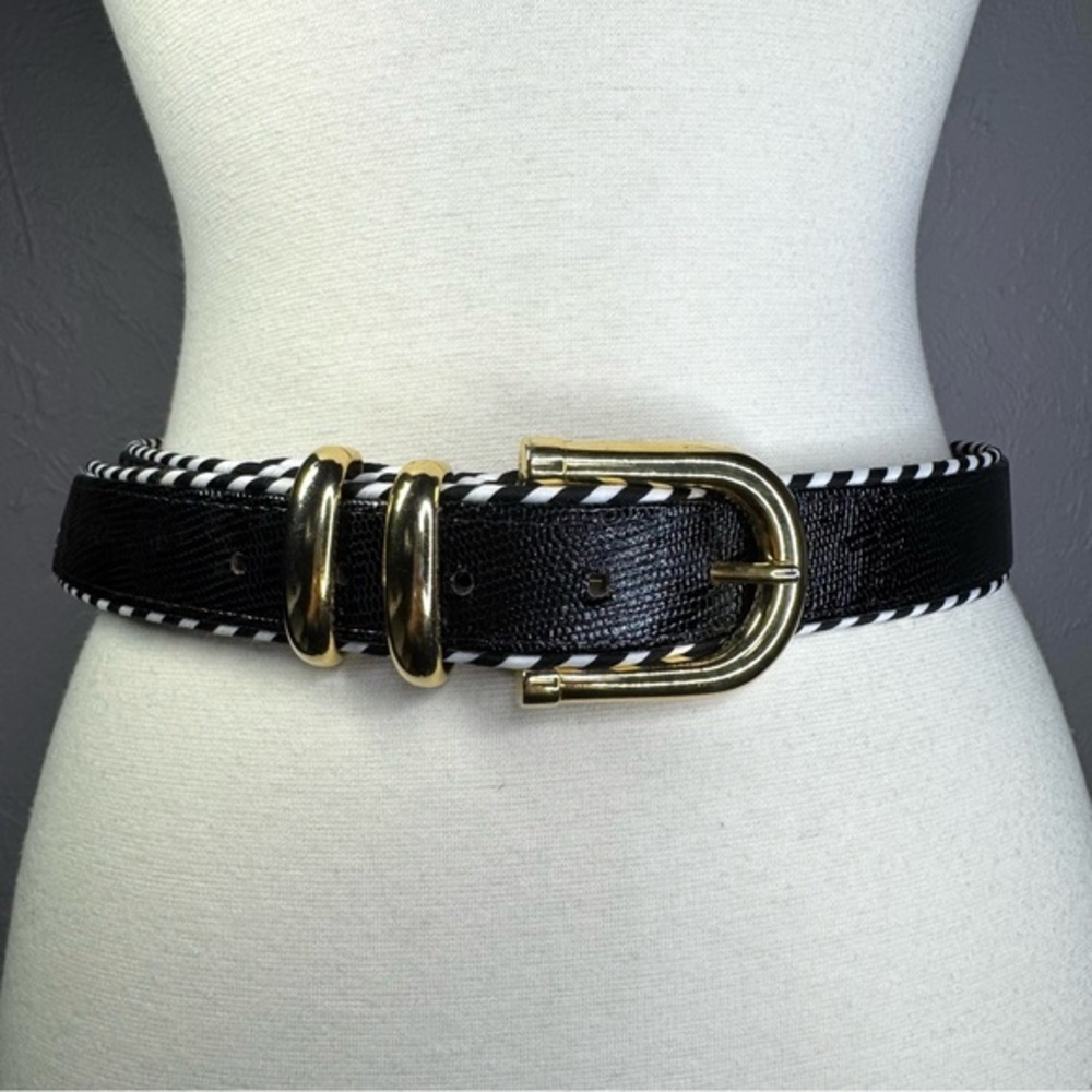 Vintage black leather belt, white contrast stitch - minimalist New York style